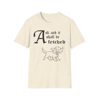 Ask and It Shall Be Fetched | Spaniel T-Shirt flat lay on navy shirt featuring a Shel Silverstein-style pen-and-ink illustration of a Spaniel proudly trotting with a plump dove held with extraordinary gentleness in her mouth, a tiny olive branch in the dove's beak and the text 'Ask and it shall be fetched.'