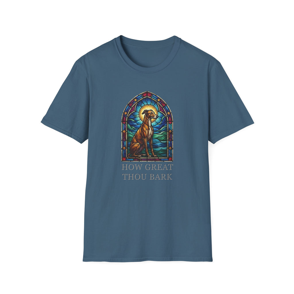 How Great Thou Bark Sight Hound T-shirt flat lay, indigo blue shirt featuring a stained-glass style arched window graphic of a seated sight hound dog with a halo and the text 'How Great Thou Bark.'