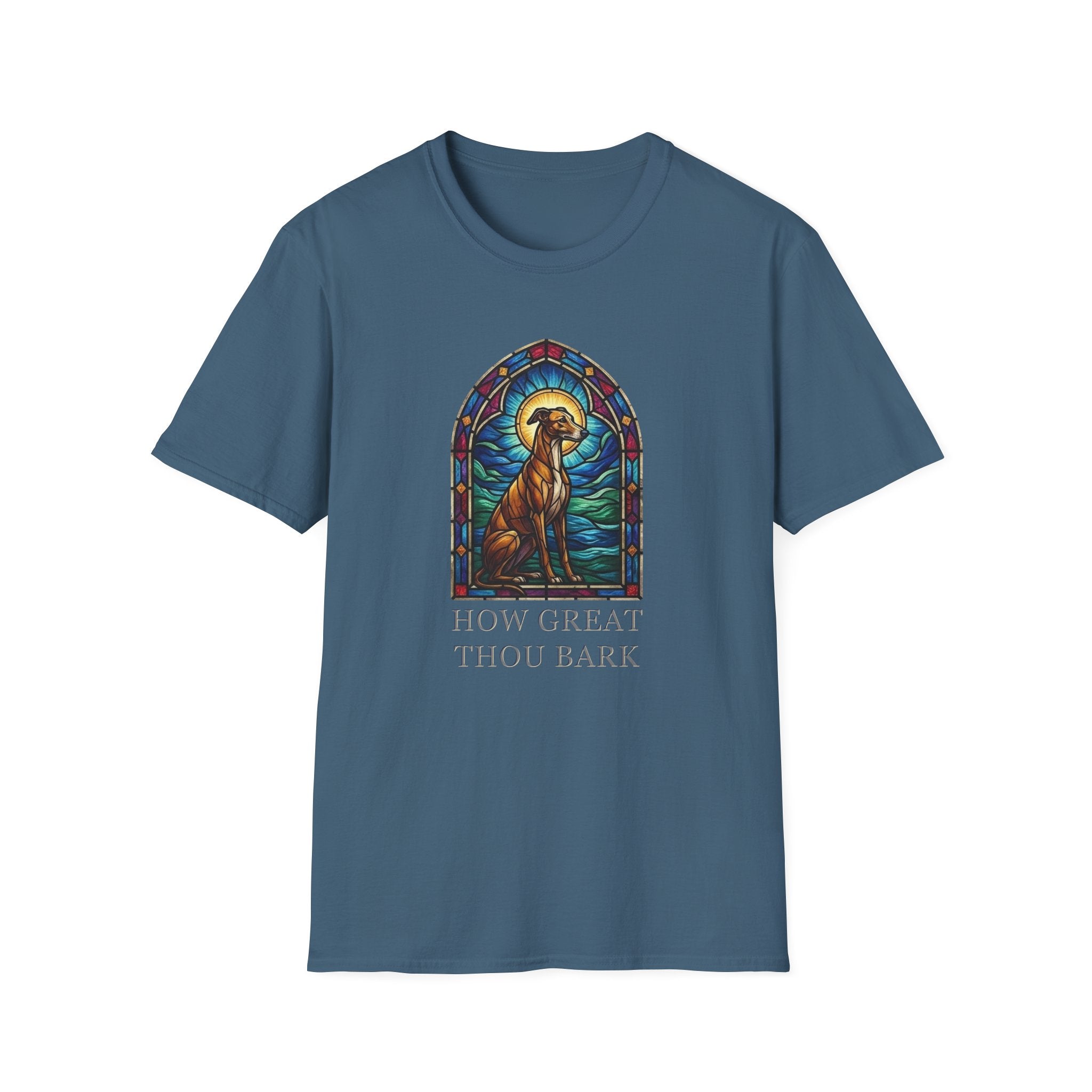 How Great Thou Bark Sight Hound T-shirt flat lay, indigo blue shirt featuring a stained-glass style arched window graphic of a seated sight hound dog with a halo and the text 'How Great Thou Bark.'