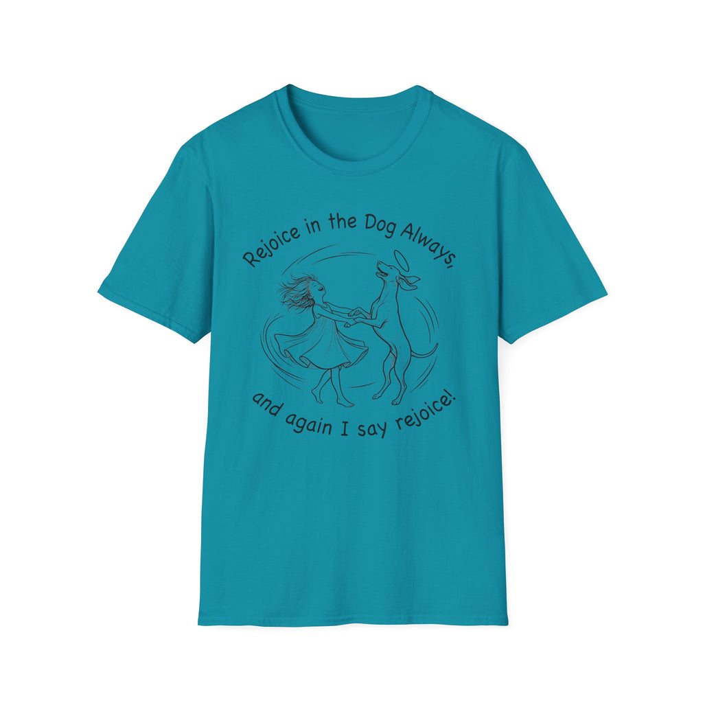 Rejoice in the Dog Vizsla T-Shirt in teal, flat lay mockup showing a woman joyfully dancing with a slender Vizsla line-art illustration and the text 'Rejoice in the Dog Always, and again I say rejoice!'