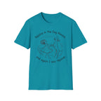 Rejoice in the Dog Vizsla T-Shirt in teal, flat lay mockup showing a woman joyfully dancing with a slender Vizsla line-art illustration and the text 'Rejoice in the Dog Always, and again I say rejoice!'