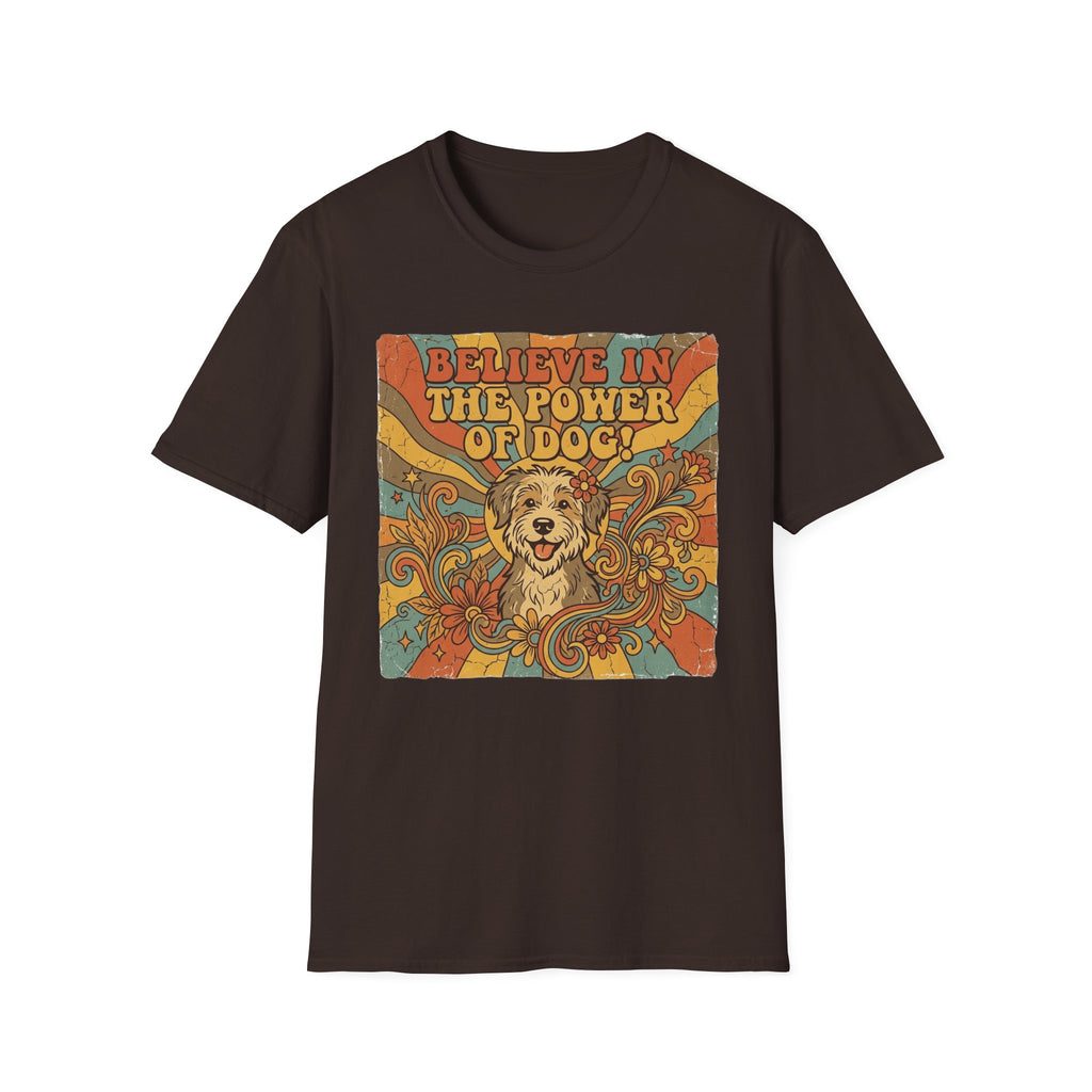 Believe in the Power of Dog Retro T-Shirt flat lay in dark chocolate brown, featuring a vintage 70s-style graphic of a fluffy dog face surrounded by swirling florals and rainbow rays with groovy lettering.