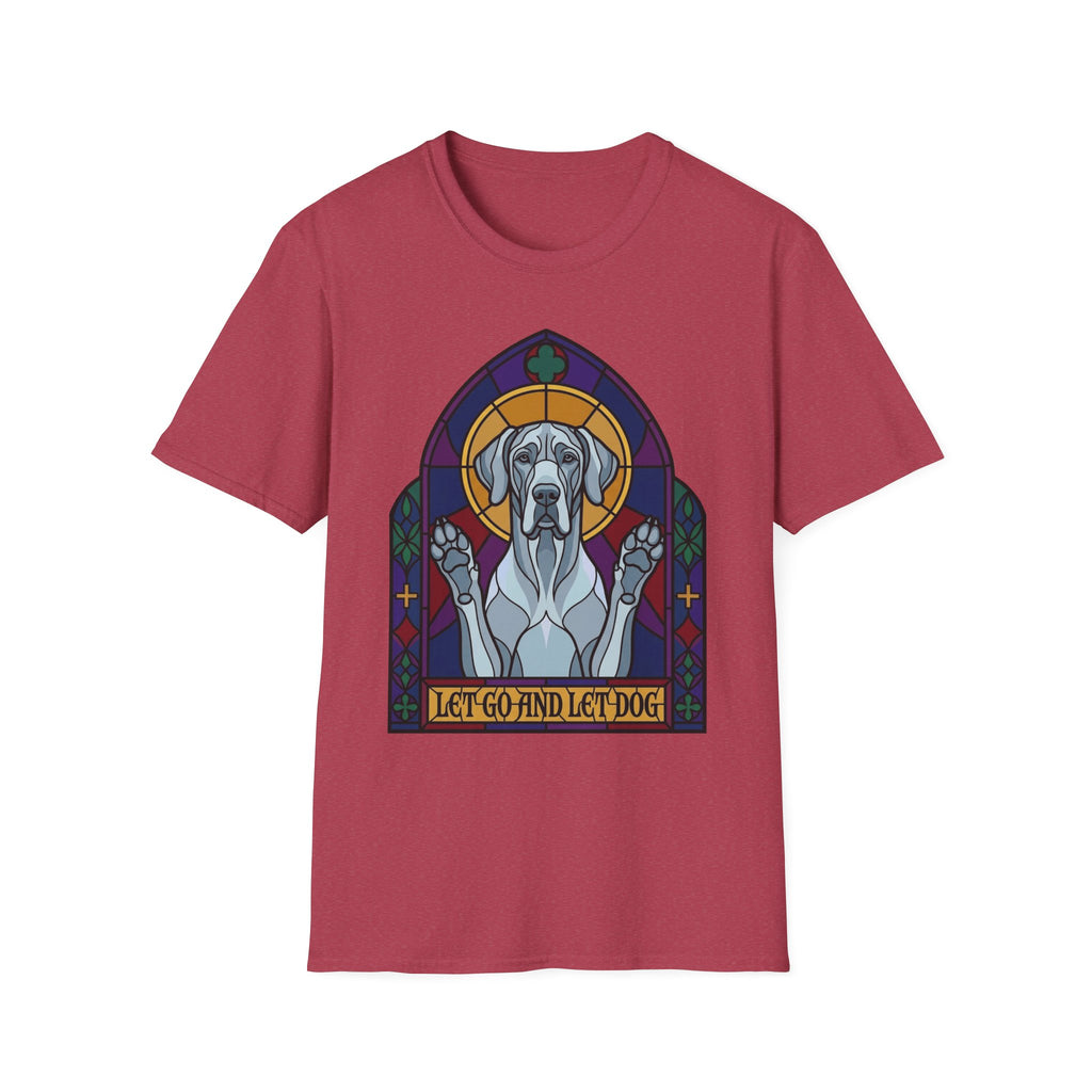Let Go Let Dog Great Dane T-Shirt, flat lay on heather cardinal red tee featuring a stained-glass style Great Dane depicted as a spiritual figure with paws raised in a Gothic arch and the text Let Go and Let Dog.