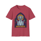 Let Go Let Dog Great Dane T-Shirt, flat lay on heather cardinal red tee featuring a stained-glass style Great Dane depicted as a spiritual figure with paws raised in a Gothic arch and the text Let Go and Let Dog.