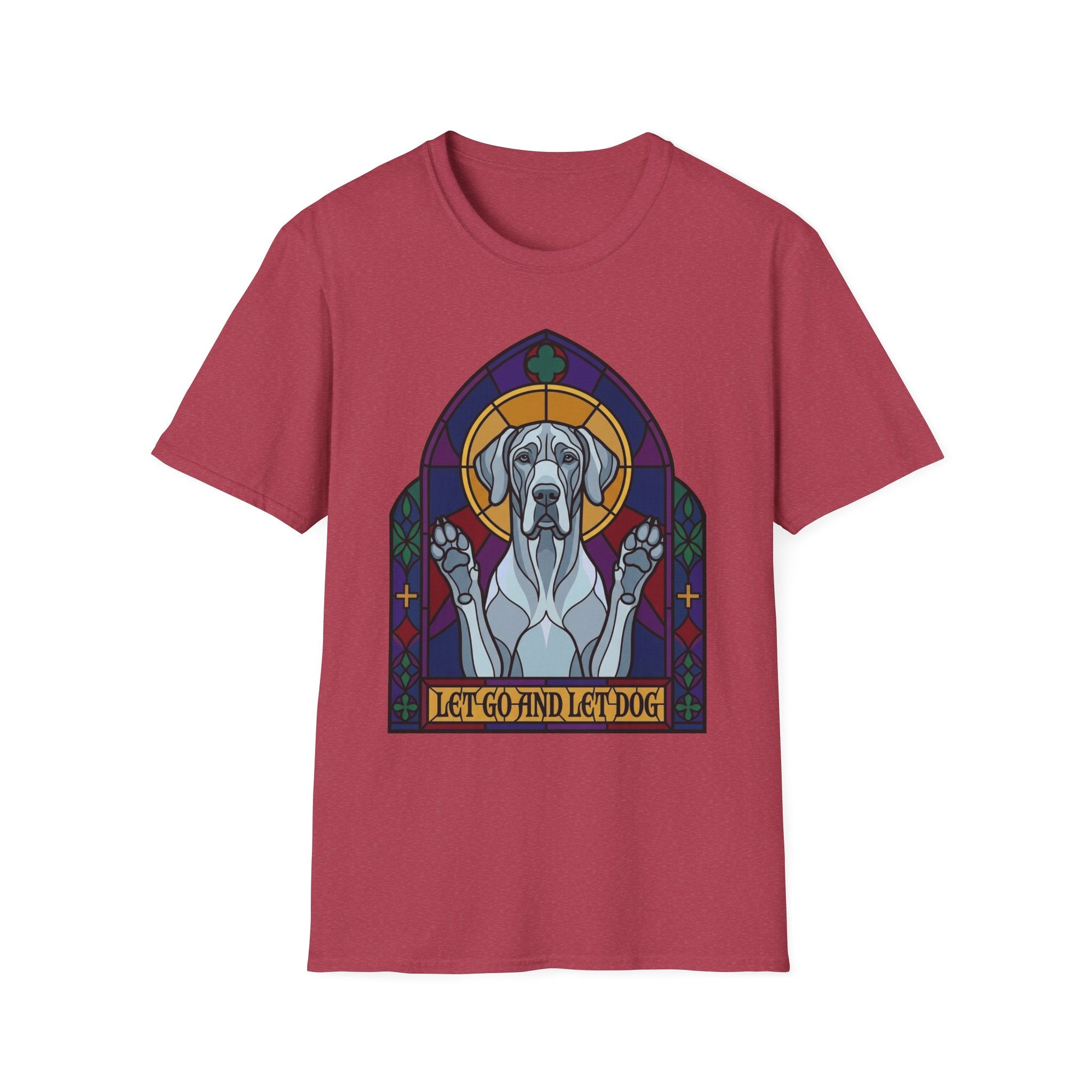 Let Go Let Dog Great Dane T-Shirt, flat lay on heather cardinal red tee featuring a stained-glass style Great Dane depicted as a spiritual figure with paws raised in a Gothic arch and the text Let Go and Let Dog.