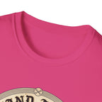 I Stand Amazed Great Dane T-Shirt close-up of the neckline on a heliconia pink shirt, showing the top arc of the circular Great Dane graphic.
