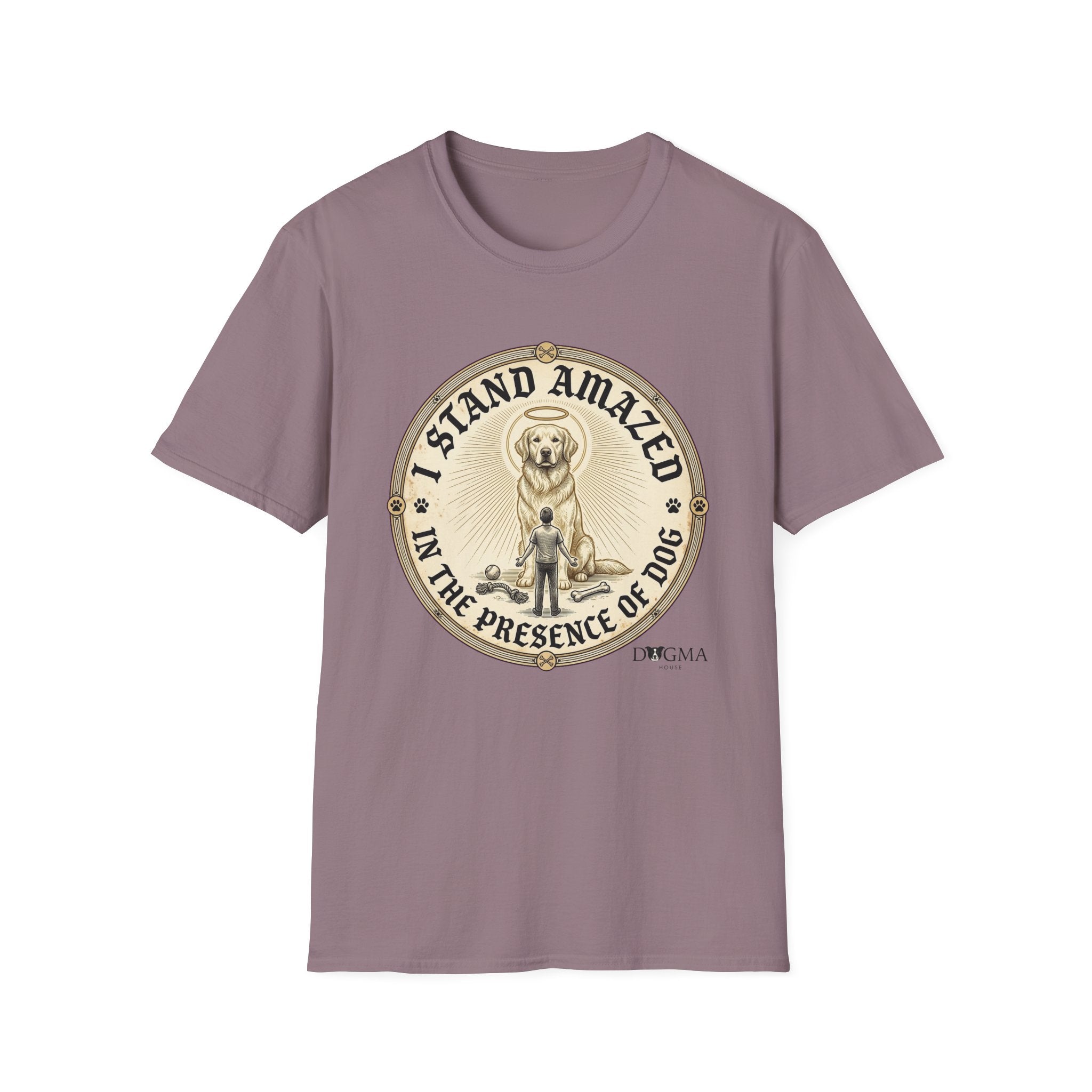 I Stand Amazed Golden Retriever T-Shirt flat lay in dusty mauve purple, featuring a circular vintage-style graphic of a golden retriever with a halo and the text "I Stand Amazed in the Presence of Dog" with Dogma House branding.