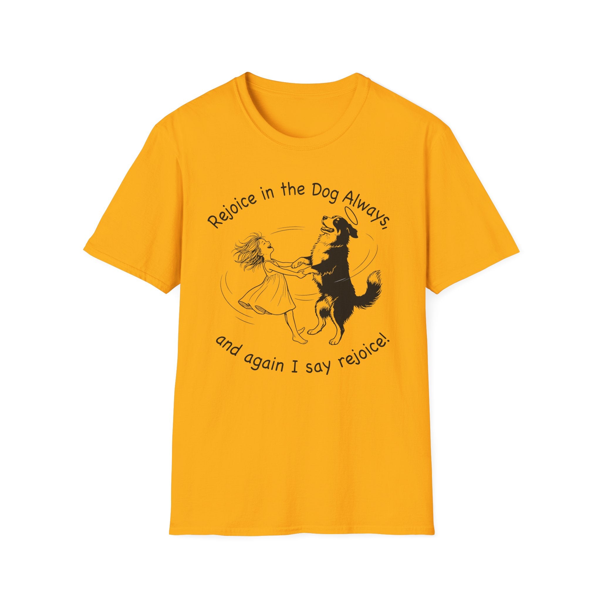 Rejoice in the Dog Lobo T-Shirt in gold, flat lay mockup showing a woman joyfully dancing with a rearing black-and-white Border Collie line-art illustration and the text 'Rejoice in the Dog Always, and again I say rejoice!'