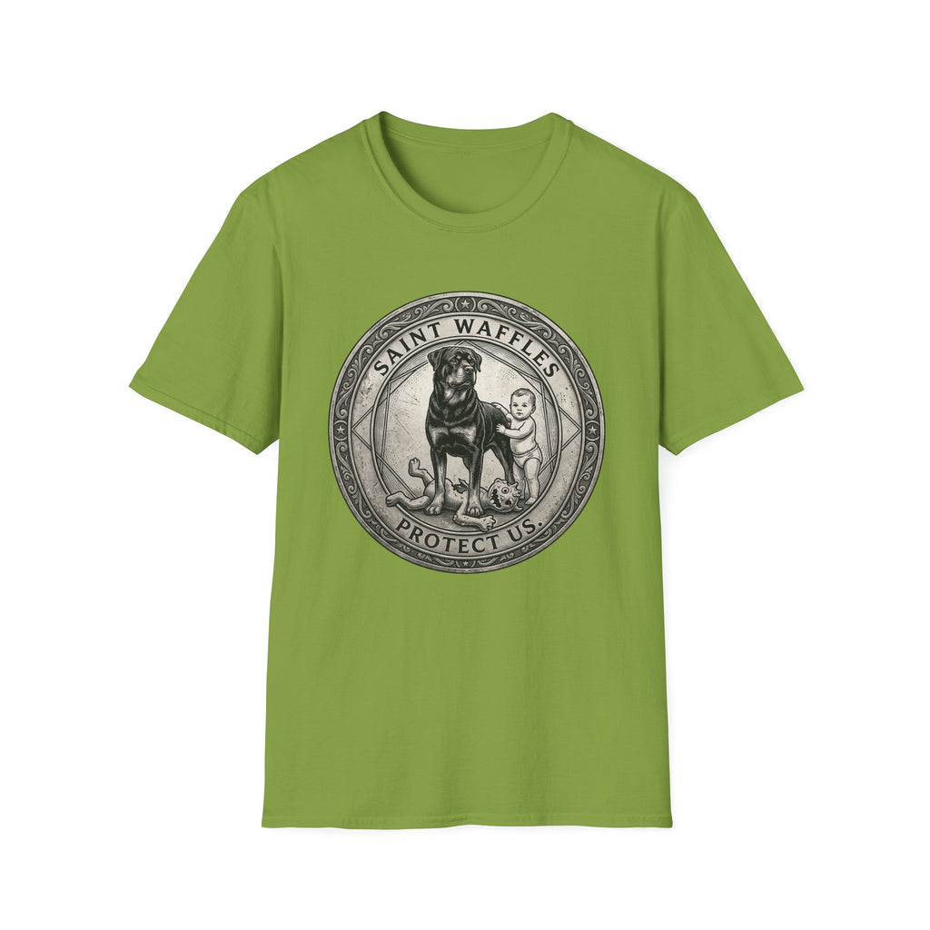 Saint Waffles Protect Us T-Shirt flat lay in kiwi green, featuring a vintage medallion graphic of a Rottweiler standing protectively beside a small child with the text Saint Waffles Protect Us.