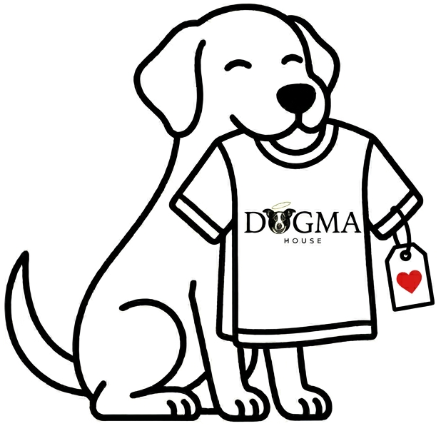 Black and white illustration of a dog wearing a t-shirt with DOGMA HOUSE branding on a white background.