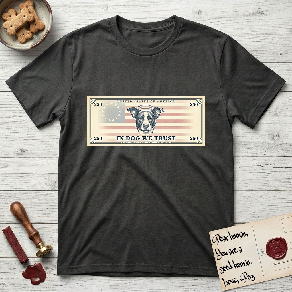 In Dog We Trust Bill T-Shirt flat lay in Charcoal, featuring a vintage dollar-bill design with a haloed mixed-breed Dog at center, a Betsy Ross flag in the background, and bold currency-style "In Dog We Trust" typography.