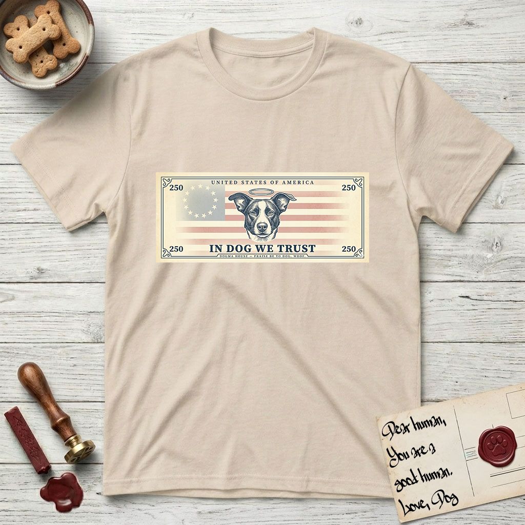 In Dog We Trust Bill T-Shirt flat lay in Sand, featuring a vintage dollar-bill design with a haloed mixed-breed Dog at center, a Betsy Ross flag in the background, and bold currency-style "In Dog We Trust" typography.