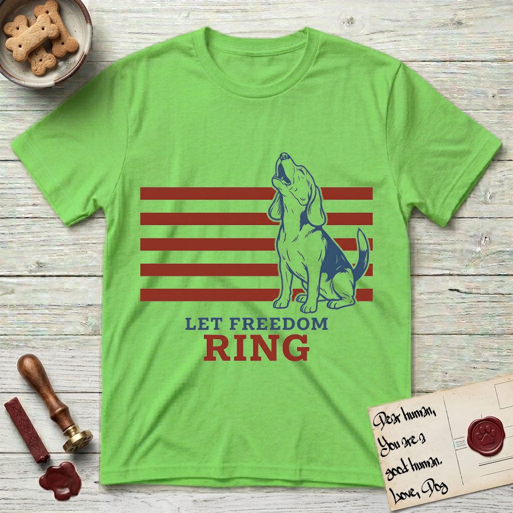Let Freedom Ring T-Shirt flat lay in Lime, featuring a faded vintage-Americana line-art Beagle sitting and baying with her head thrown back in front of red flag stripes, above “Let Freedom Ring” lettering.
