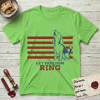 Let Freedom Ring T-Shirt flat lay in Lime, featuring a faded vintage-Americana line-art Beagle sitting and baying with her head thrown back in front of red flag stripes, above “Let Freedom Ring” lettering.