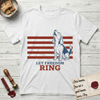 Let Freedom Ring T-Shirt flat lay in White, featuring a faded vintage-Americana line-art Beagle sitting and baying with her head thrown back in front of red flag stripes, above “Let Freedom Ring” lettering.