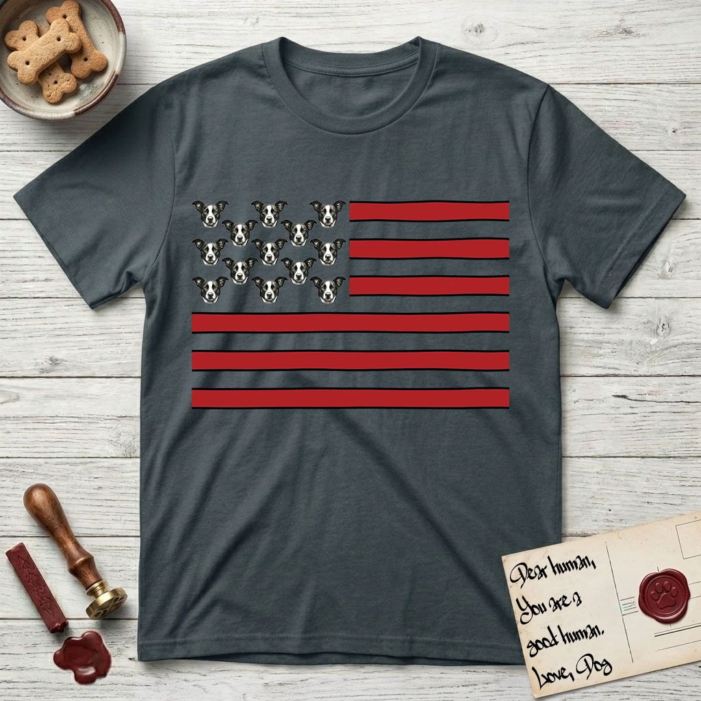 Lobo Head Flag T-Shirt flat lay in Dark Heather, featuring an American flag with thirteen repeated black-and-white photos of a Pitbull-and-cattle-dog-mix Dog head in place of the stars and dusty red stripes.