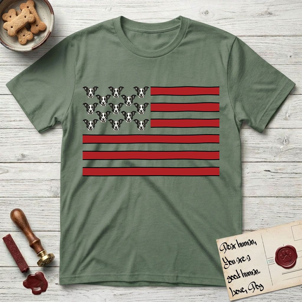 Lobo Head Flag T-Shirt flat lay in Military Green, featuring an American flag with thirteen repeated black-and-white photos of a Pitbull-and-cattle-dog-mix Dog head in place of the stars and dusty red stripes.