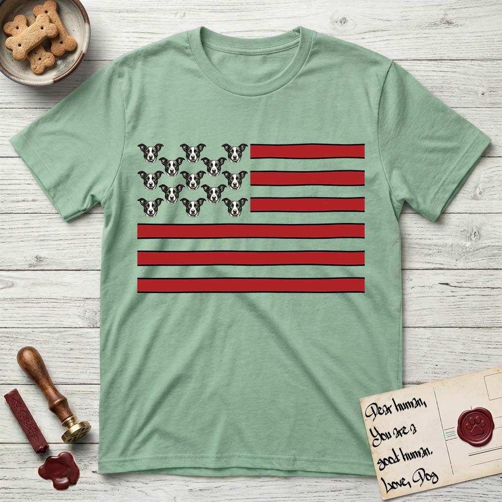 Lobo Head Flag T-Shirt flat lay in Mint Green, featuring an American flag with thirteen repeated black-and-white photos of a Pitbull-and-cattle-dog-mix Dog head in place of the stars and dusty red stripes.