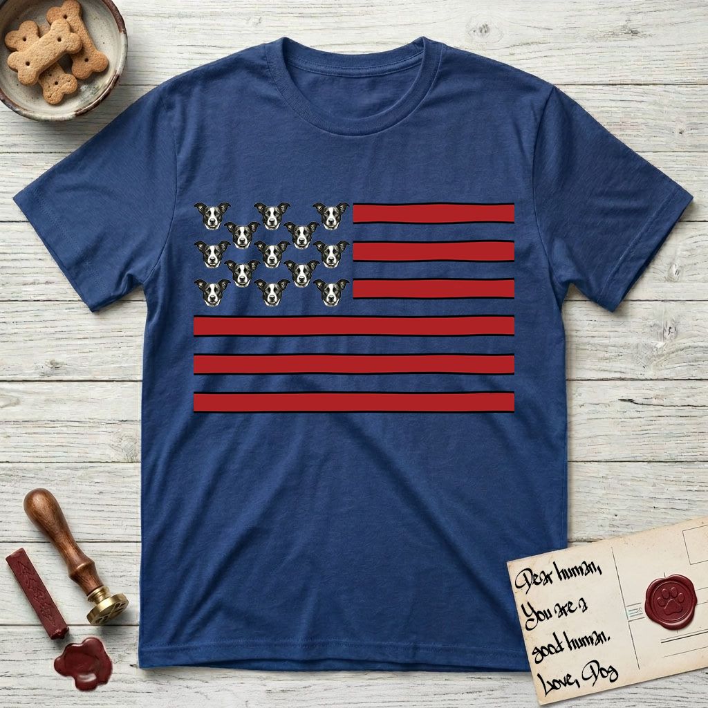 Lobo Head Flag T-Shirt flat lay in Royal, featuring an American flag with thirteen repeated black-and-white photos of a Pitbull-and-cattle-dog-mix Dog head in place of the stars and dusty red stripes.