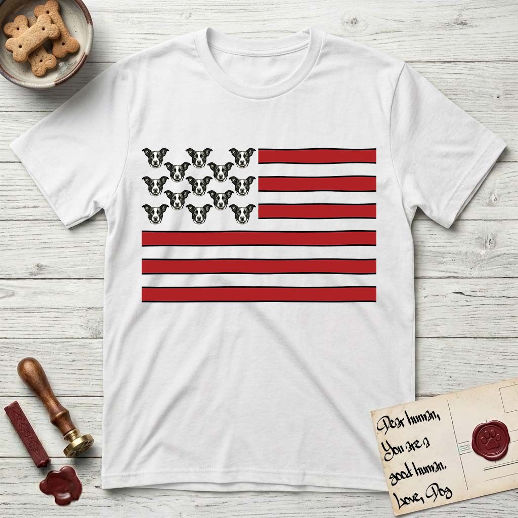 Lobo Head Flag T-Shirt flat lay in White, featuring an American flag with thirteen repeated black-and-white photos of a Pitbull-and-cattle-dog-mix Dog head in place of the stars and dusty red stripes.