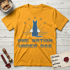 One Nation Under Dog T-Shirt flat lay in Gold, featuring a minimalist design with a Dog silhouette over a radiating sunburst, five stars, and bold "One Nation Under Dog" typography.
