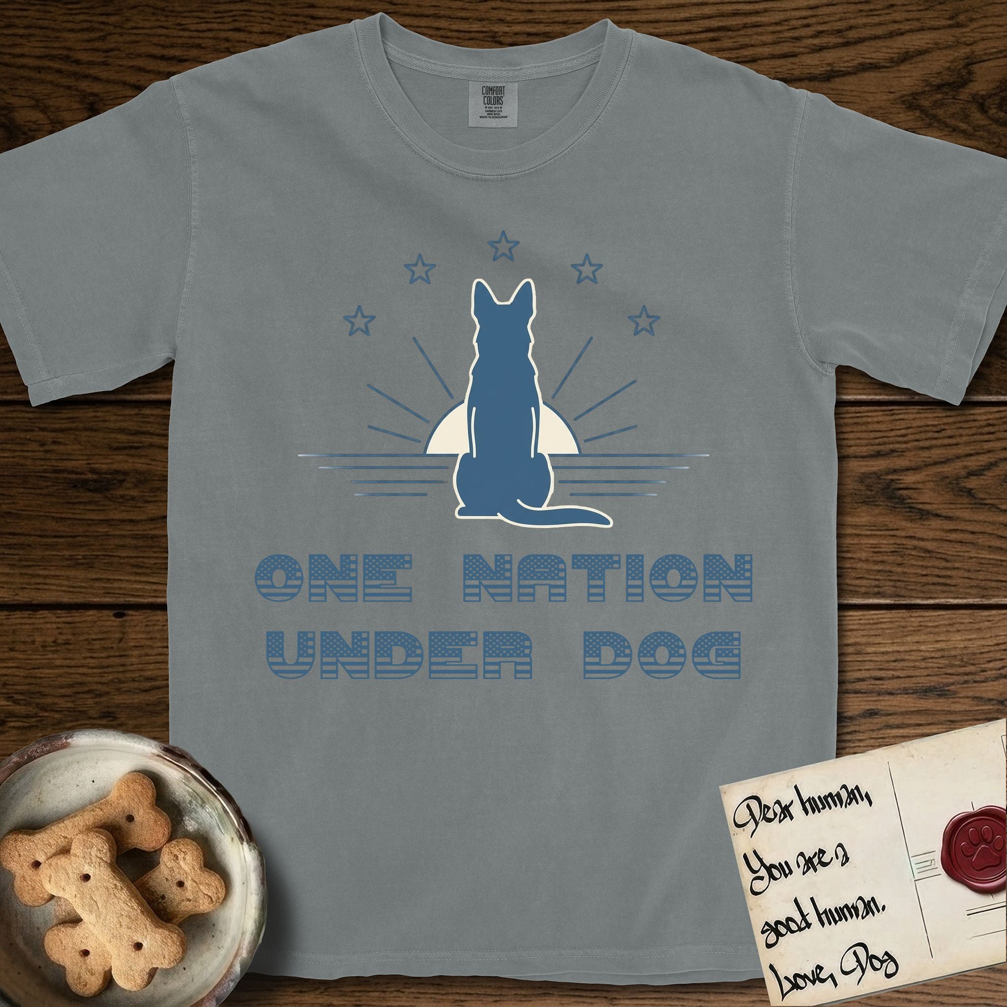 One Nation Under Dog T-Shirt flat lay in Granite, featuring a minimalist design with a Dog silhouette over a radiating sunburst, five stars, and bold "One Nation Under Dog" typography.