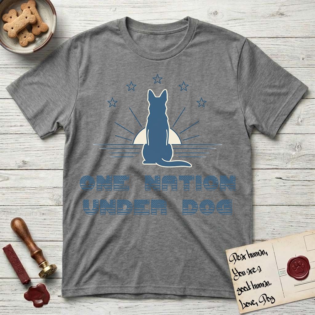One Nation Under Dog T-Shirt flat lay in Graphite Heather, featuring a minimalist design with a Dog silhouette over a radiating sunburst, five stars, and bold "One Nation Under Dog" typography.