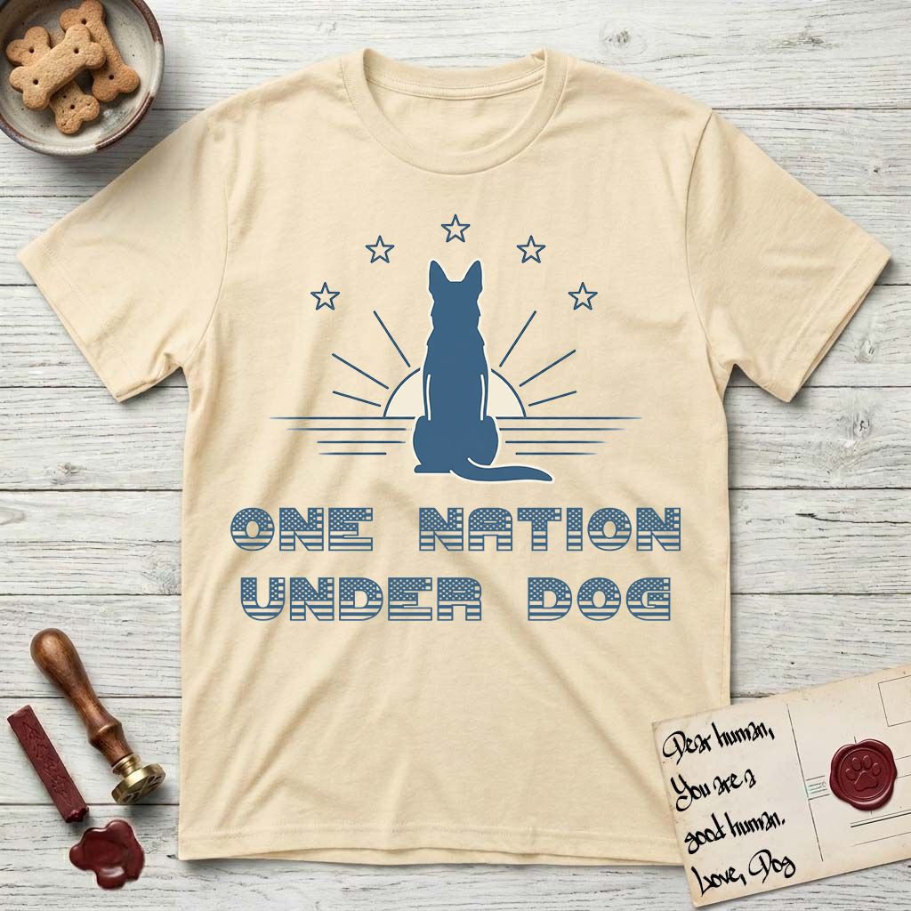 One Nation Under Dog T-Shirt flat lay in Natural, featuring a minimalist design with a Dog silhouette over a radiating sunburst, five stars, and bold "One Nation Under Dog" typography.