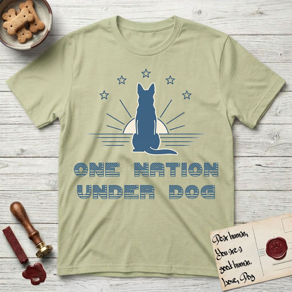 One Nation Under Dog T-Shirt flat lay in Pistachio, featuring a minimalist design with a Dog silhouette over a radiating sunburst, five stars, and bold "One Nation Under Dog" typography.