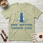 One Nation Under Dog T-Shirt flat lay in Pistachio, featuring a minimalist design with a Dog silhouette over a radiating sunburst, five stars, and bold "One Nation Under Dog" typography.