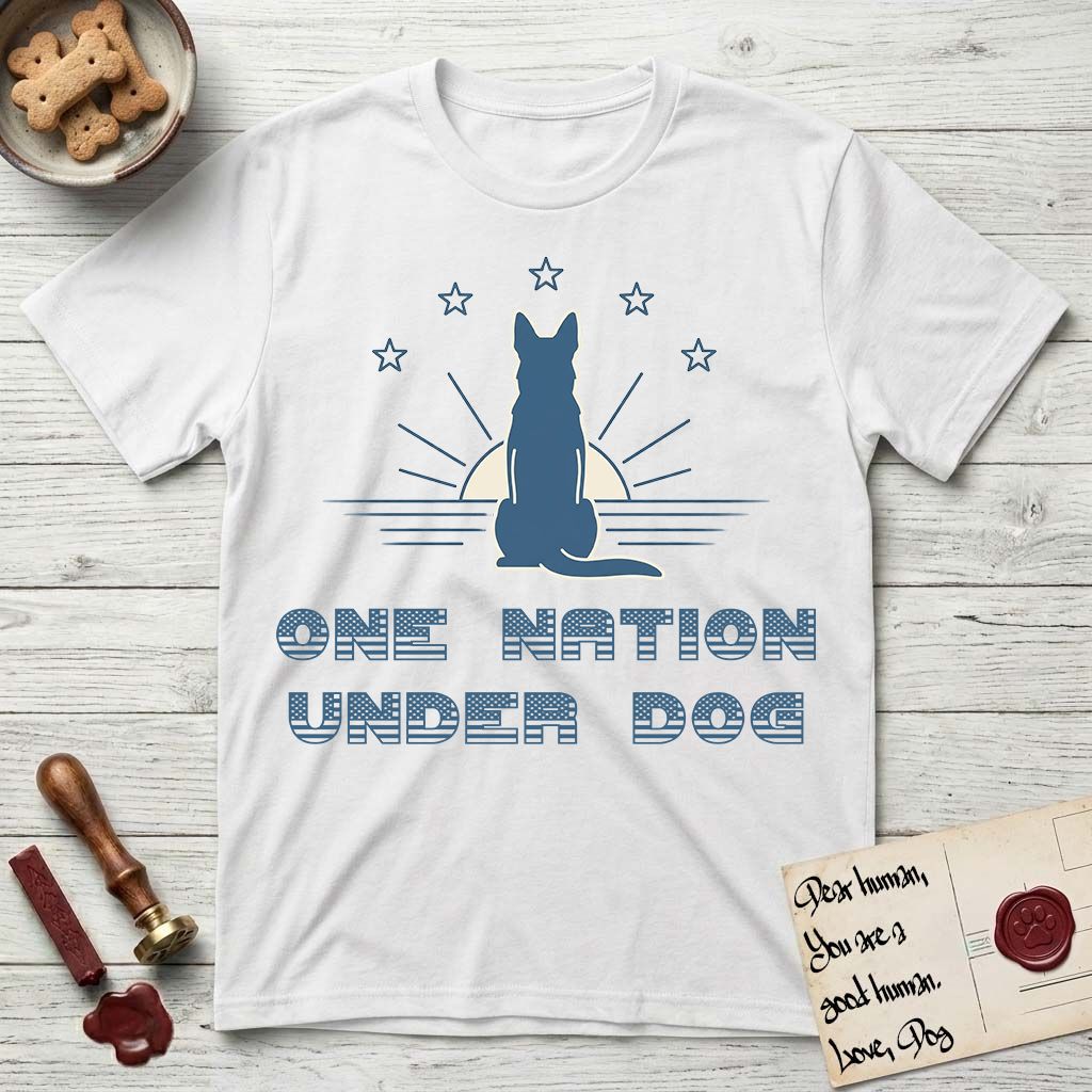 One Nation Under Dog T-Shirt flat lay in White, featuring a minimalist design with a Dog silhouette over a radiating sunburst, five stars, and bold "One Nation Under Dog" typography.