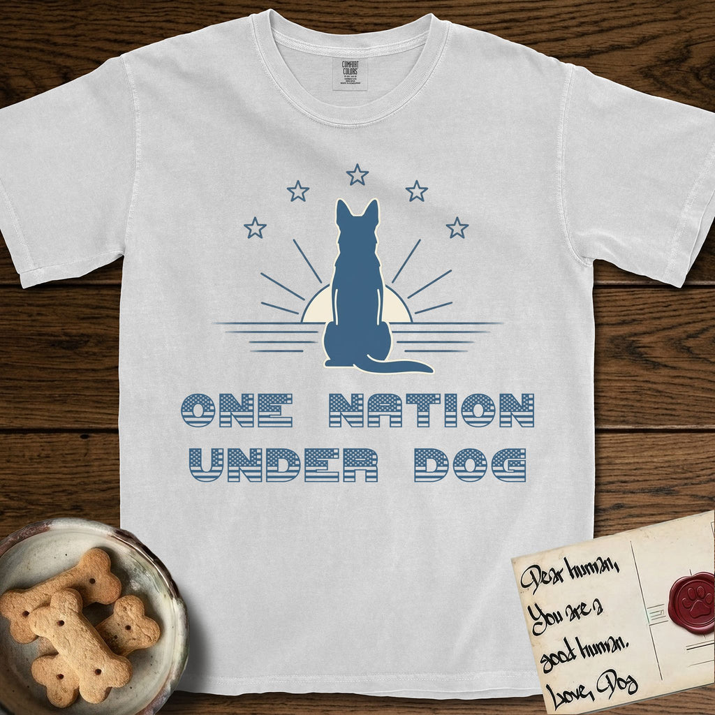 One Nation Under Dog T-Shirt flat lay in White, featuring a minimalist design with a Dog silhouette over a radiating sunburst, five stars, and bold "One Nation Under Dog" typography.