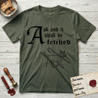 Ask and It Shall Be Fetched Australian Cattle Dog T-Shirt flat lay in Heather Military Green, featuring a sparse pen-and-ink illustration of an Australian Cattle Dog at a proud trot carrying a shepherd's crook.