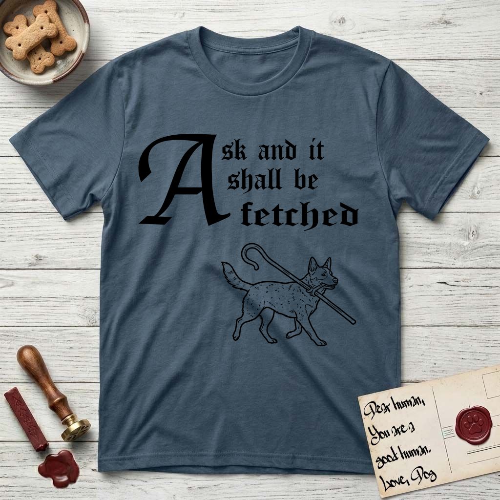 Ask and It Shall Be Fetched Australian Cattle Dog T-Shirt flat lay in Indigo Blue, featuring a sparse pen-and-ink illustration of an Australian Cattle Dog at a proud trot carrying a shepherd's crook.