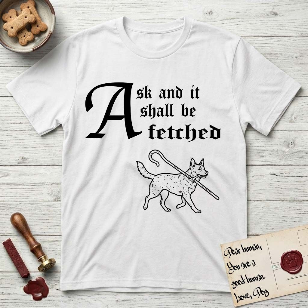 Ask and It Shall Be Fetched Australian Cattle Dog T-Shirt flat lay in White, featuring a sparse pen-and-ink illustration of an Australian Cattle Dog at a proud trot carrying a shepherd's crook.