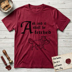 Ask and It Shall Be Fetched Border Collie T-Shirt flat lay in Antique Cherry Red, featuring a sparse pen-and-ink illustration of a Border Collie at a proud trot carrying a shofar.