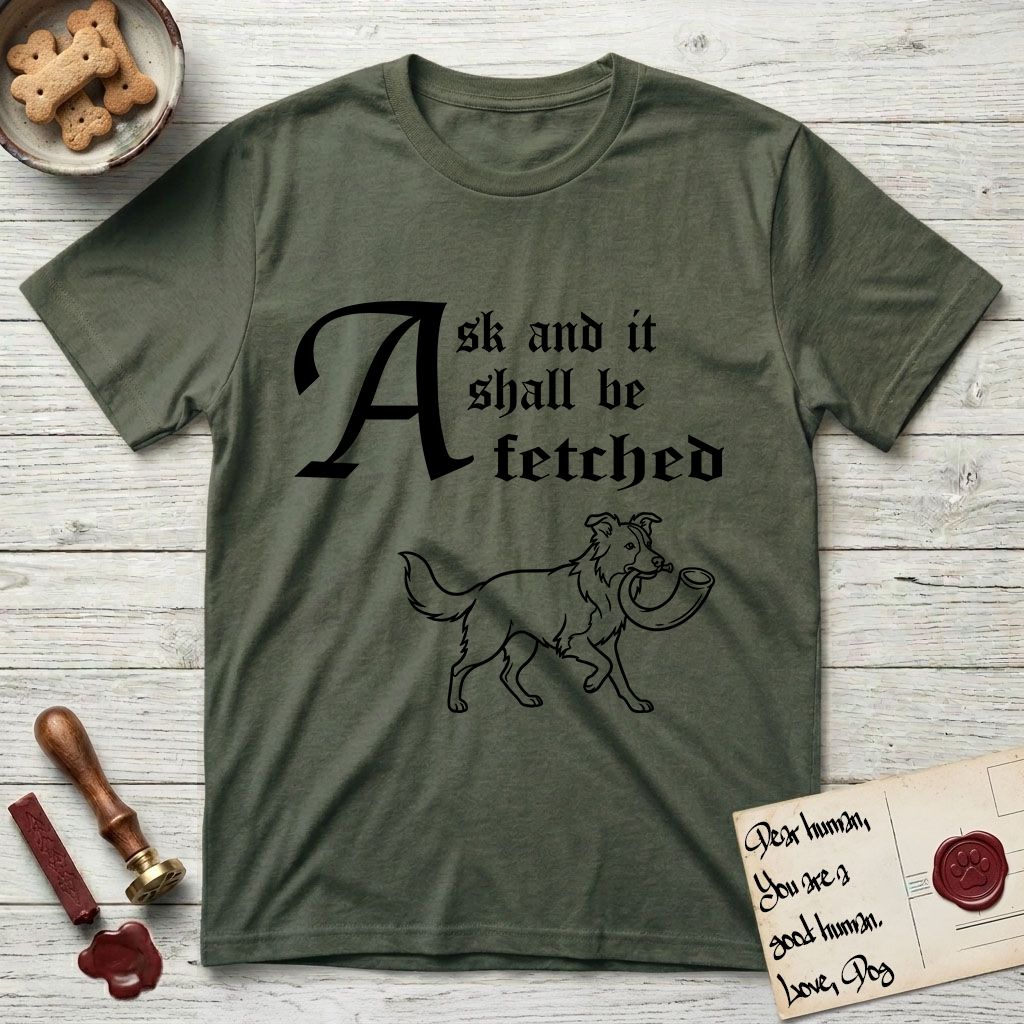 Ask and It Shall Be Fetched Border Collie T-Shirt flat lay in Heather Military Green, featuring a sparse pen-and-ink illustration of a Border Collie at a proud trot carrying a shofar.