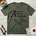 Ask and It Shall Be Fetched Border Collie T-Shirt flat lay in Heather Military Green, featuring a sparse pen-and-ink illustration of a Border Collie at a proud trot carrying a shofar.
