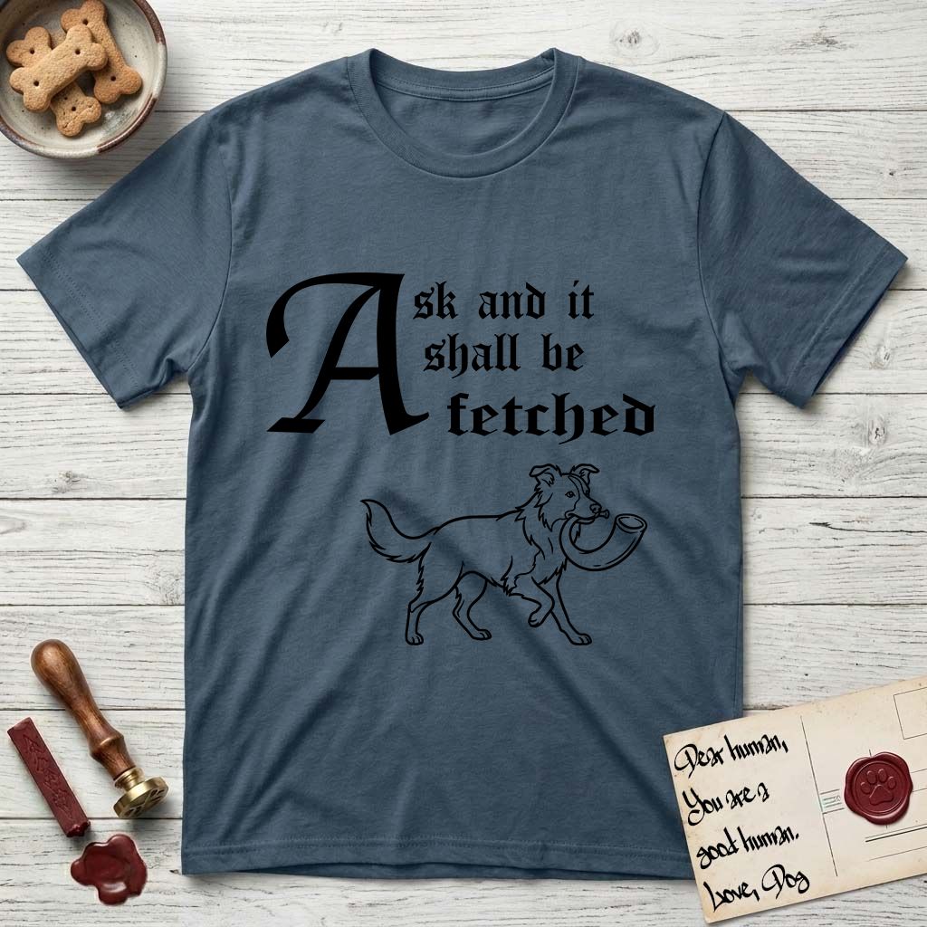 Ask and It Shall Be Fetched Border Collie T-Shirt flat lay in Indigo Blue, featuring a sparse pen-and-ink illustration of a Border Collie at a proud trot carrying a shofar.