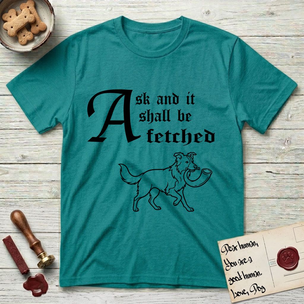 Ask and It Shall Be Fetched Border Collie T-Shirt flat lay in Jade Dome, featuring a sparse pen-and-ink illustration of a Border Collie at a proud trot carrying a shofar.
