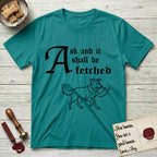 Ask and It Shall Be Fetched Border Collie T-Shirt flat lay in Jade Dome, featuring a sparse pen-and-ink illustration of a Border Collie at a proud trot carrying a shofar.
