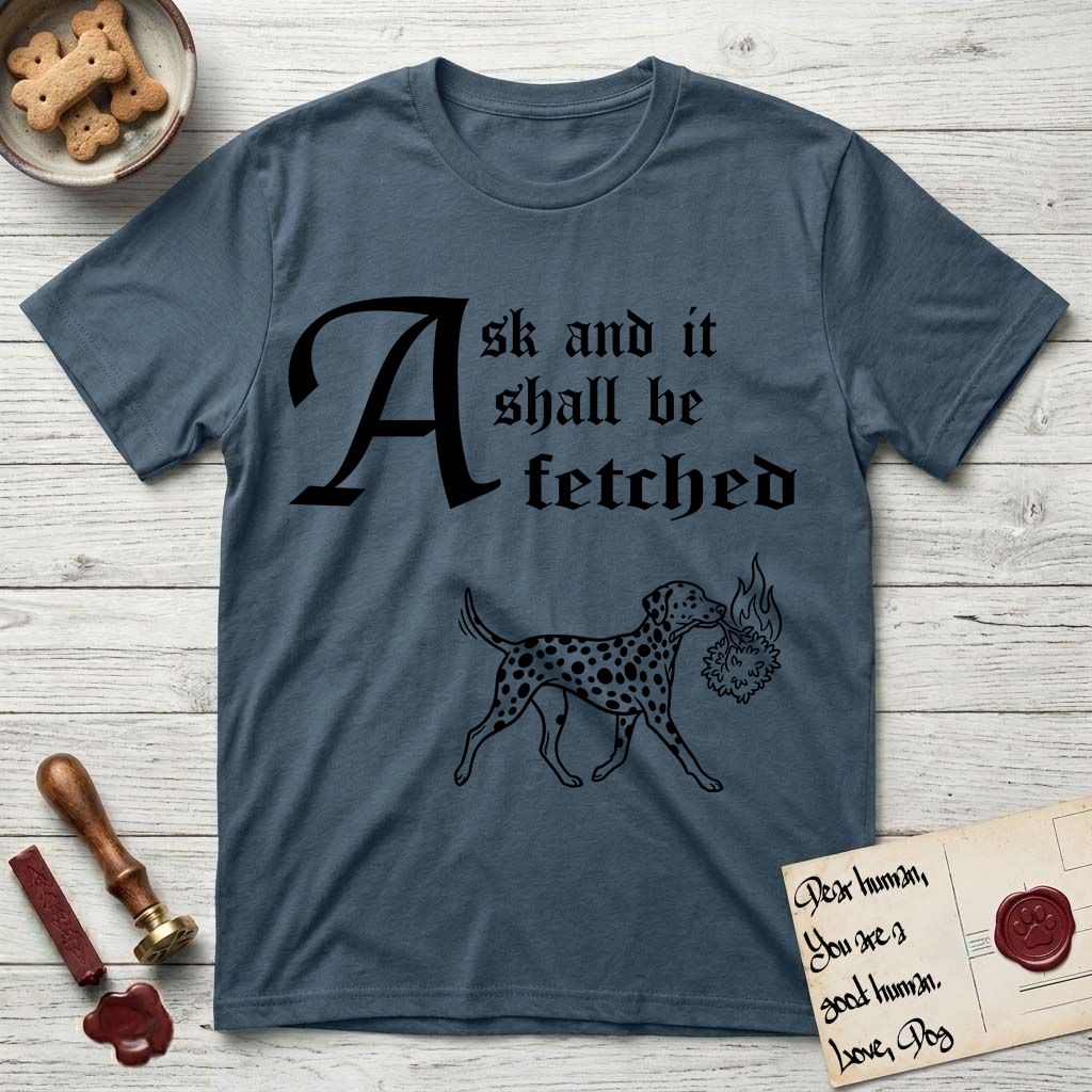 Ask and It Shall Be Fetched Dalmatian T-Shirt flat lay in Indigo Blue, featuring a sparse pen-and-ink illustration of a Dalmatian at a proud trot carrying a small burning bush.