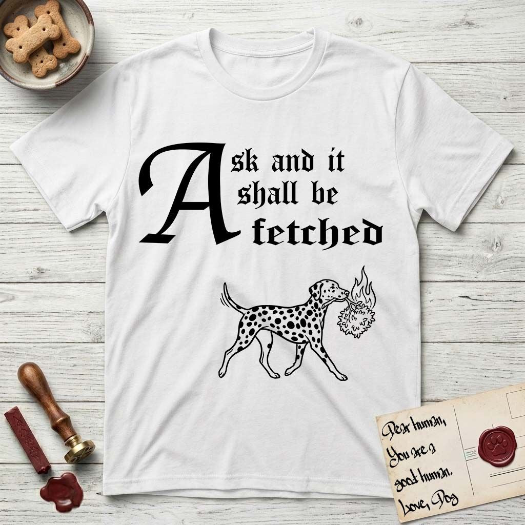 Ask and It Shall Be Fetched Dalmatian T-Shirt flat lay in White, featuring a sparse pen-and-ink illustration of a Dalmatian at a proud trot carrying a small burning bush.