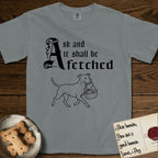 Ask and It Shall Be Fetched Pitbull T-Shirt flat lay in Granite, featuring a sparse pen-and-ink illustration of a Pitbull at a proud trot carrying a baby in a reed basket.