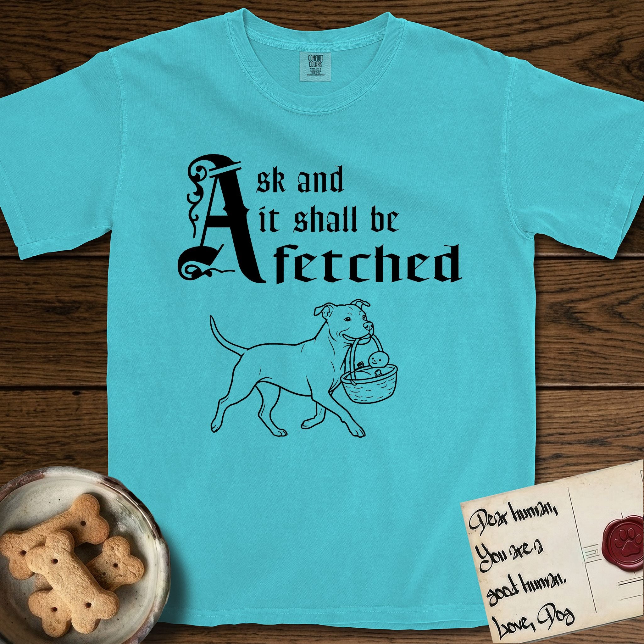 Ask and It Shall Be Fetched Pitbull T-Shirt flat lay in Lagoon Blue, featuring a sparse pen-and-ink illustration of a Pitbull at a proud trot carrying a baby in a reed basket.