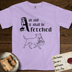 Ask and It Shall Be Fetched Pitbull T-Shirt flat lay in Orchid, featuring a sparse pen-and-ink illustration of a Pitbull at a proud trot carrying a baby in a reed basket.