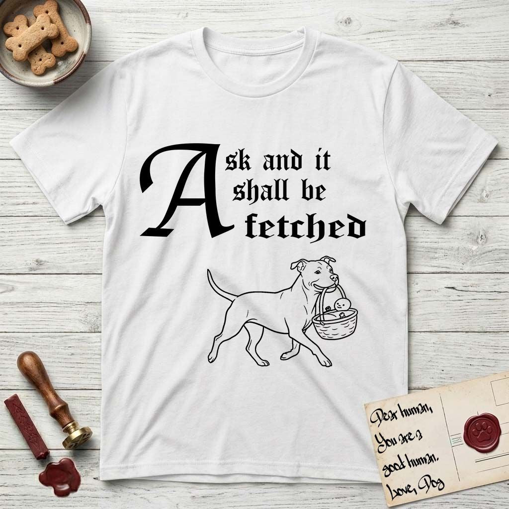 Ask and It Shall Be Fetched Pitbull T-Shirt flat lay in White, featuring a sparse pen-and-ink illustration of a Pitbull at a proud trot carrying a baby in a reed basket.