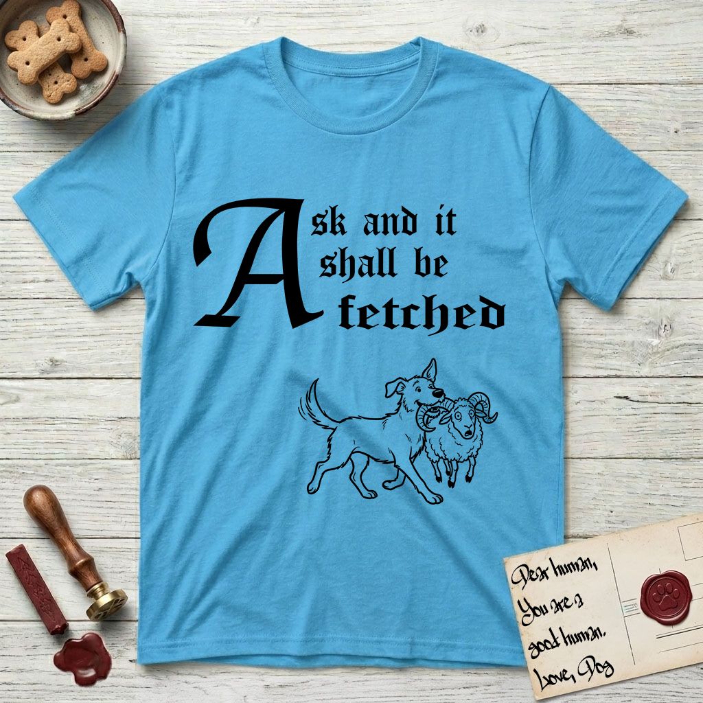 Ask and It Shall Be Fetched Rescue Mutt T-Shirt flat lay in Sky, featuring a sparse pen-and-ink illustration of a rescue mutt at a proud trot carrying a very surprised ram.