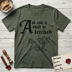 Ask and It Shall Be Fetched Spaniel T-Shirt flat lay in Heather Military Green, featuring a sparse pen-and-ink illustration of a Spaniel at a proud trot carrying a dove with an olive branch.
