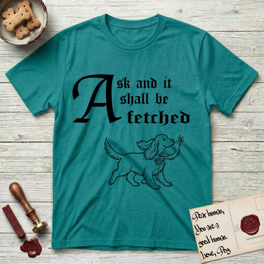 Ask and It Shall Be Fetched Spaniel T-Shirt flat lay in Jade Dome, featuring a sparse pen-and-ink illustration of a Spaniel at a proud trot carrying a dove with an olive branch.